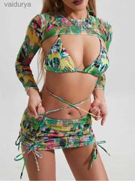 Women's Swimwear 2024 New 4 Pieces Set Swimsuit Women Thong Sexy Long Sleeve Micro Bikini With Skirt Graffiti Beachwear Bathing Suit yq240330