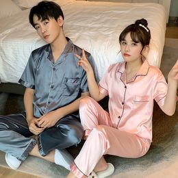 Summer Lovers Pyjama Suit Pyjamas Couples Silk Sleepwear Satin Nightgown Women Short Sleeve Pijamas Men Lounge Plus Size Pj Set