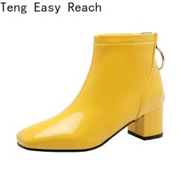 The New Patent Leather Ankle Boots Women Winter Autumn Square High Heel Zipper Boots Round Toe Woman Shoes White Red Black Pink