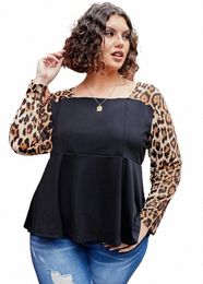 plus Size Elegant Fi Spring Autumn Lg Leopard Sleeve Blouse Women Casual Square Neck Tops Large Size Peplum T-shirt 5XL q3TP#
