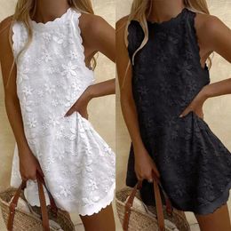 Casual Dresses Summer Fashion Lace Embroidery White Mini Dress Women's Sexy Sleeveless Irregular Beach Vintage Elegant Party Robes