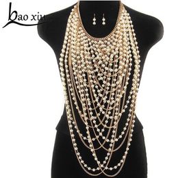 Exaggerated beaded super long pendants necklace women trendy pearl choker necklace body Jewellery gold shoulder chain Y200918229D