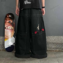 Men's Jeans US JNCO Big Pocket Boxing Kangaroo Printed Wash Wide Leg Jeans Y2K Hip Hop Street Casual Loose Denim Mens and Womens PantsL2403