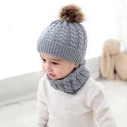 2Pcs/Set Baby Hat Fur Pompom Knitted Beanies Hats Winter Warm Infant Toddler Fur Pom Pom Hat For Children Lovely Ski Snow Cap
