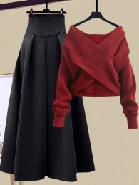 2023 Осенние зимние юбки для женщин наряды корейские повседневные вязаные пулопер -свитер и высокопоставленные юбки два куска