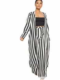 plus Size Lg Sleeve Black White Striped Set African Clothes High Waist Wide Leg Pants Two Piece Set Elegant OL Ladies Clothing X6vB#