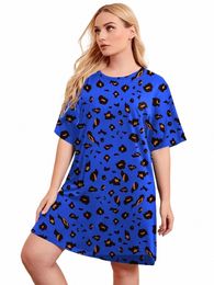 plus Size Casual Pajamas Women's Plus Leopard Print Short Sleeve Round Neck Slightly Stretchy Nightgown Home & Knee Skirt O3fa#