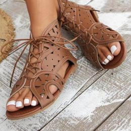 Casual Shoes 2024 Hollow Out Solid Colour Open Toe Women's Gladiator Sandals Retro Lace-up Low Heel Wedge Zipper