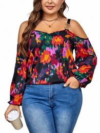 gibsie Plus Size Cold Shoulder V Neck Lg Sleeve Print Blouses Women Fi 2023 Spring Fall Sweet Casual Blouse Top Shirt J7vV#