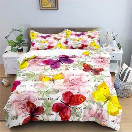 3D Colourful Butterfly Duvet Cover Natural Floral And Butterflies Pattern Bedding Set For Girl Women Microfiber With Pillowcases