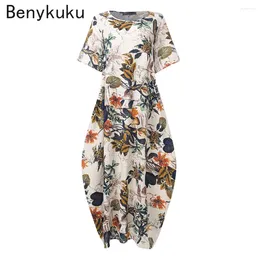 Party Dresses Summer Dress Women Bohemian Short Sleeve Floral Printed Sundress Vintage Kaftan Beach Vestidos Robe Femme Plus Size Clothing