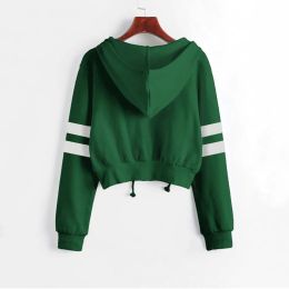 Women Y2k Zip Hoodies Spring Fall Casual Stripe Cropped Green Zipper Hooded Sweatshirts Female Long Sleeve Jogging Top