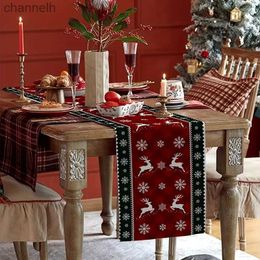 Table Runner Christmas Plaid Snowflake Elk Kitchen Decoration Vintage Dresser Scarf Holiday Party Gift yq240330