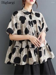 Women's Blouses Chiffon Polka Dot Print Summer Tops Women Oversized Loose Ruffle Casual Fashion Pleated Ladies Short Sleeve Woman