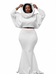 lw Plus Size Batwing Sleeve Solid Colour Trumpet Skirt Set Autumn & Winter Hooded Collar Tops+Mermaid Skirt Two-Pieces S2lQ#