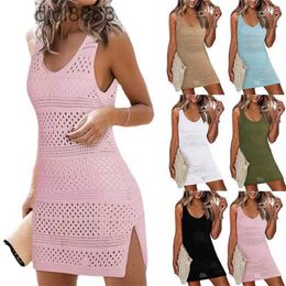 V-neck Slim Fit Dress 2024 Summer New Beach Sun Protection Cover Up Womens Hollowed Out Knitted Vest Skirt