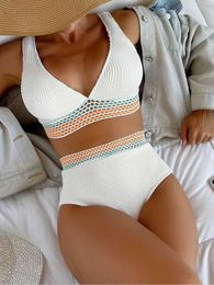 Women's Swimwear Sewing Details Swimming Suit Womens Solid High Waist Bikini Set Striped Tape Swimming Suit Womens Apron Swimming Suit J240330