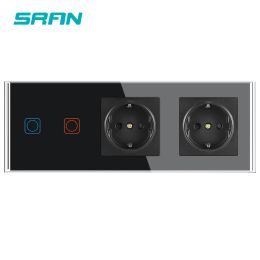 SRAN EU socket and Touch switch, 82mm Black tempered glass panel Sensor switch and Electrical outlets with USB Type-C