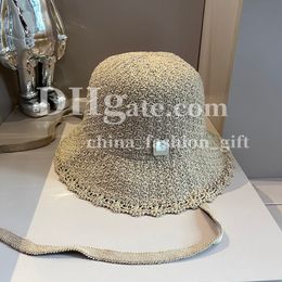 Summer Knitted Hats Women Straw Hat Designer Khaki Lace Bucket Cap Adjustable Strap Hat Beach Hat Outdoor Sun Protection Hat