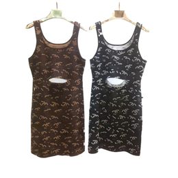 New women logo pattern sleeveless knitted waist hollow out sexy tank desinger dress SML