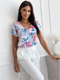Women's Blouses Floral Print & Shirts Office Ladies Sexy V-neck Short Sleeve Casual Pullover Tops 2024 Summer Loose Holiday Blouse