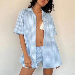 Home Clothing Gaono Women's Lounge Outfits Lapel Neck Short Sleeve Button Down Tops Elastic Waist Shorts Plaid 2 Piece Pyjama Set For Summer