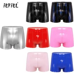 Mens Wetlook Patent Leather Board Shorts Bulge Pouch Boxer Briefs Pool Party Latex Shorts Nightclub Clubwear Skinny Short Pants