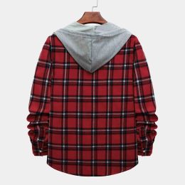 Men Men Casual Red Plaid Print Shirt Hooded Oversized Casual Shirt Men's Clothes European American Style Handsome Men Holiday