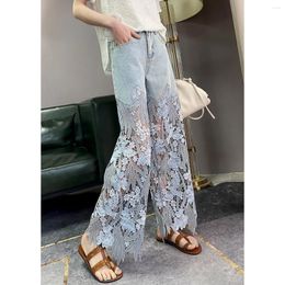 Women's Jeans Luxury Hollow Out Lace Wide Leg High Waist Blue Summer Slim Alternative Fashion Straight Pants Gothic Clothes