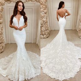 2024 Mermaid Wedding Dresses Bridal Gowns Fulllace V Neck Beaded Lace 3D 3D-Floral Appliques Pearls Decorated Wedding Gown for African Black Women Bride Girls D214