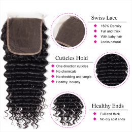 Deep Wave Lace Closure Human Hair For Women Brazilian Remy Pre Plucked Transparent Swiss Lace Frontal Closure 100% Human Hair