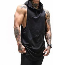 Mens Gyms Bodybuilding Stringer Tank Top with Hooded Vests Fitness Clothing Male Sleeveless Cotton Undershirt Muscle Tankops 240328