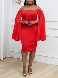Casual Dresses AOMEI Women Cloack Sleeve Party Dress Sexy Off Shoulder Red Sheath Knee Length Birthday Evening Event Outfits 2024 Big Size