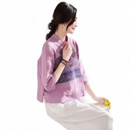 chinese Traditial Ethnic Dr Tops Women's Cott and Hemp Chegsam Literature and Art Retro Embroidery Shirts Spring Short 7690#