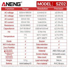 ANENG SZ01/SZ02 Diode Tester Professional Digital Multimeter True RMS Smart AC/DC Current Voltage Auto Range Multimetres Tools