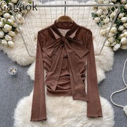 Women's Blouses Gagaok Long Sleeved Mesh Shirt Women Sexy Temperament Solid Bow Tie Slim Fitting Bottom French Top