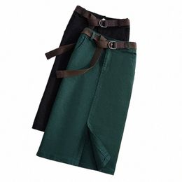 plus Size Slim High Waist Frt Slit Midi Straight Skirts 4XL Women Japanese Harajuku Ses Pockets Bodyc Green Cargo Skirt 55bM#