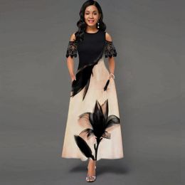 Womens Printed Lace Sleeve Long Patchwork Dress