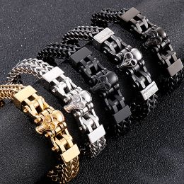 Bracelets Stainless Steel Gothic Men's Bracelets With Skull Head Double Layer Franco Link Curb Chain Bracelet Men Jewellery With Gift Bag