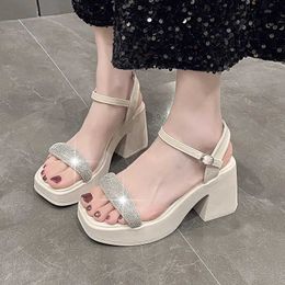 Sandals White black rhinestones platform sandals short and chubby high heels womens shoes elegant party ladies fashionable summer ankle straps H240328