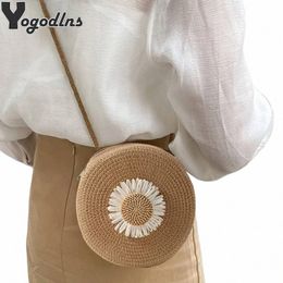 round Crossbody Shoulder Bag Women Woven Beach Bag for Ladies Rattan Handmade Knitted Small Straw Purse and Handbag bolsa G19Q#