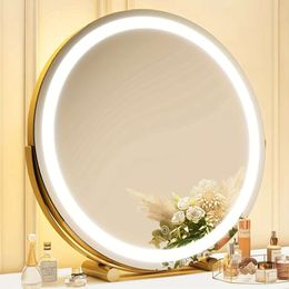 1pc Round LED Lighting Makeup Smart Touch, 3 Colours Adjustable Desktop Mirror, 360° Rotation, Vanity Decorative Cosmetic Mirror