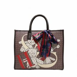luxury Brand Ms. Handbag New Large Capacity Head Layer Cowhide High Quality Metal Lock Design Bear Pattern Shoulder Bag I09d#