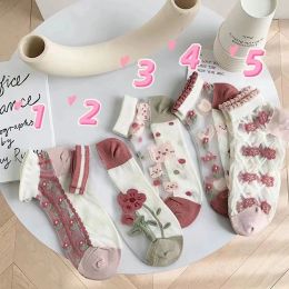 New Vintage Women Crystal Silk Socks Summer Ultra-thin Transparent Floral Short Socks Harajuku Japanese Kawaii Cute Short Socks