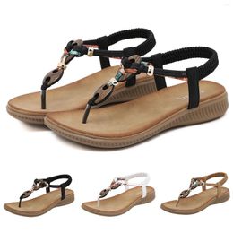 Sandals Women Summer Elastic Bwood Bead Decoration Casual Tie Up For Low Heel Flip Flops
