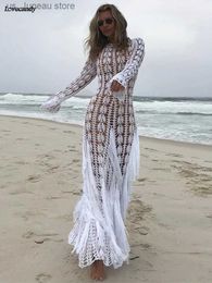 Basic Casual Dresses Fashion Hollow Out Knitted Feather Long Dress For Women Sexy O Neck Long Slve Bodycon Maxi Dress 2024 Female Beachwear Robe T240330