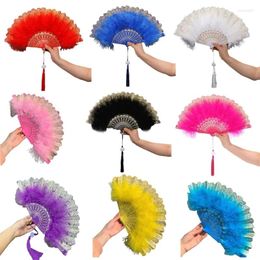 Decorative Figurines Lace Folding Fan Vintage Feather Bamboo Hand Fans For Women Girls Performances Drop