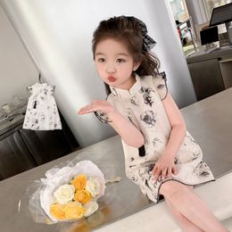 Mädchen-Cheongsam-Kleid, Sommer, neues chinesisches Stil-Tuschemalerei-Kinder-Prinzessin-Kleid, kleines Mädchen-Baby-Gaze-Kleid