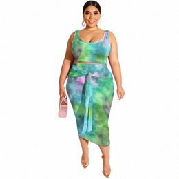 cm.yaya Women Plus Size Set Tie Dye Print Tank Tops Bandage Sheath Elastci Lg Skirts Two 2 Piece Sets Tracksuit Outfit 2021 E2yY#