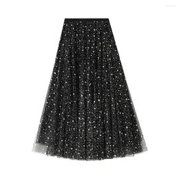Skirts Gauze Loose Fit Skirt Sequins Star Print Tulle A-line High Waist Layered Lace Midi Pleated Women's Elastic For Every
